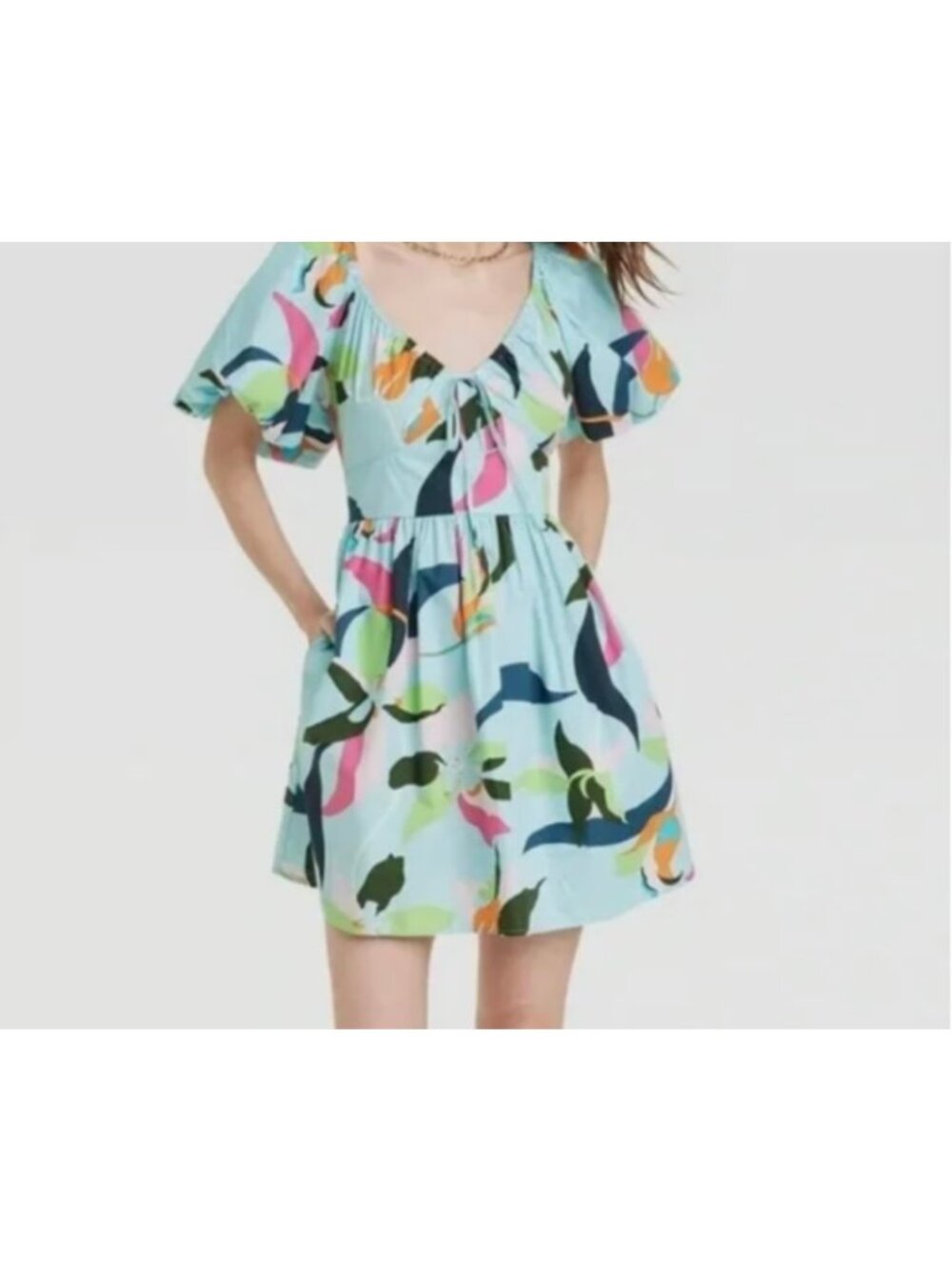 A New Day light blue floral dress features puff sleeves vibrant tropical medium
